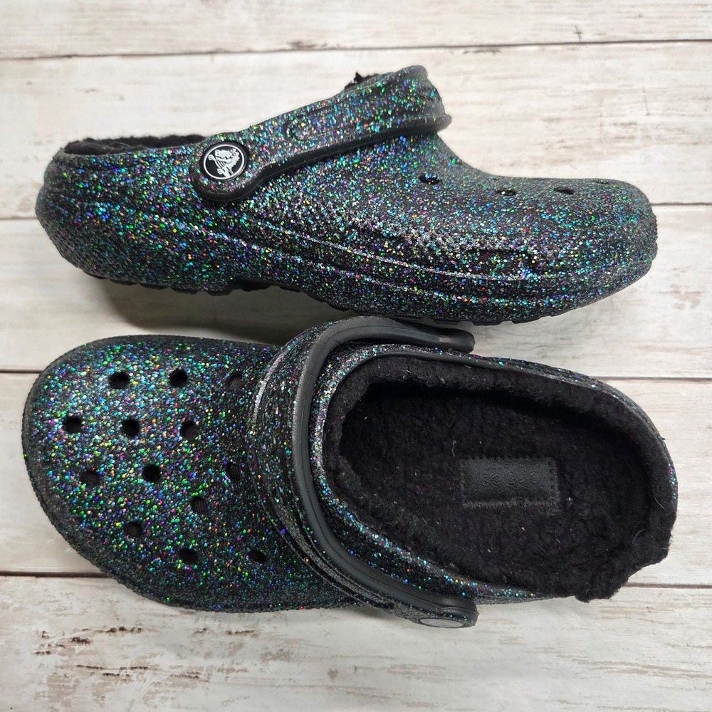 Crocs Classic Lined Glitter Clogs Women 6 Black Multi Sparkle Faux Fur Shoes